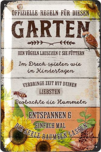 LANOLU Retro Blechschild Gartenregeln Schild - Blechschilder Garten mit Sprüchen - nostalgische Dekoration als Gärtner Geschenke - Retro Deko Vintage Metallschild Garten in Holz Optik 20x30cm von LANOLU