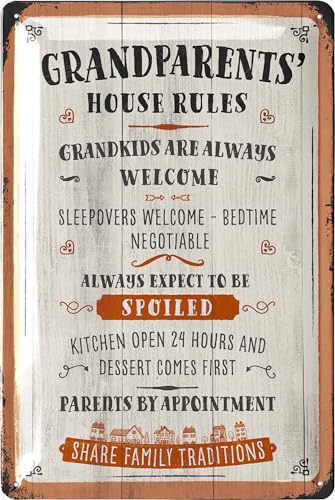LANOLU Retro Blechschild Geschenk für Oma und Opa Pension - lustige HAUSREGELN - Metallschild mit Sprüchen - für Großeltern die Ihre Enkelkinder lieben - in Holzschild Optik mit Stanzung 20x30 cm von LANOLU