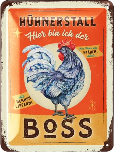 LANOLU Retro Blechschild Hühnerstall - BOSS - Hühner Zubehör, lustige Schilder mit Sprüchen, vintage Metallschilder Huhn Deko für den Hühnerstall, Garten Schild als Hühner Deko, 15x20cm von LANOLU