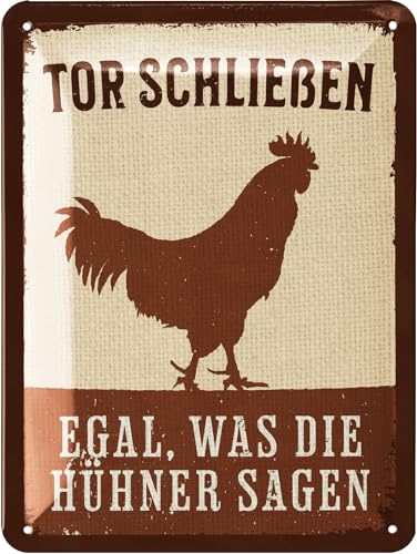 LANOLU Retro Blechschild Hühnerstall Schild - Tor SCHLIESSEN EGAL was DIE HÜHNER Sagen - Hühner Deko Geschenk als Hühnerstall Zubehör und Wanddeko - Vintage Metallschild15x20cm von LANOLU