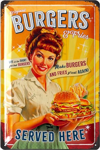 LANOLU Retro Blechschild Küche BURGERS, Nostalgie Blechschilder Grillen, BBQ Grill Schild, Retro Deko Vintage, Grillplatz, Garten, Bar, Küchen Restaurant Deko USA, 20x30cm von LANOLU