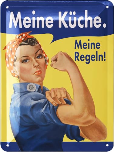 LANOLU Retro Blechschild Küche - Vintage Schild mit Spruch - MEINE KÜCHE MEINE REGELN - lustige Wanddeko Küche - Poster als Metallschild mit Stanzung 15x20 cm von LANOLU