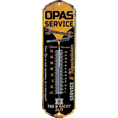 LANOLU Retro Blechschild OPAS SERVICE THERMOMETER Schild Werkstatt Opa Vatertagsgeschenk - lustige Werkstatt Deko mit Spruch - vintage Metallschild 8x28cm von LANOLU