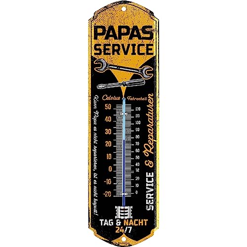 LANOLU Retro Blechschild PAPAS SERVICE Thermometer - Schild Werkstatt Papa - Geburtstagsgeschenk oder Vatertagsgeschenk für Vater retro Deko mit Spruch - vintage Metallschild mit Wölbung 8x28cm von LANOLU