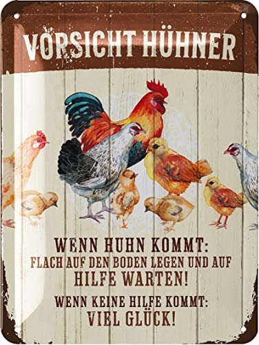 LANOLU Retro Blechschild Vorsicht Hühner, Hühner Zubehör, lustige Schilder mit Sprüchen, Vintage Metallschilder Huhn Deko für den Hühnerstall, Warn- und Garten Schild als Hühner Deko, 15x20cm von LANOLU