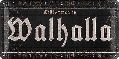 LANOLU Retro Blechschild WALHALLA - Wikinger Deko Schild als Wanddeko, Gothic Deko Wohnung, Valhalla Metallschild 16x32cm von LANOLU