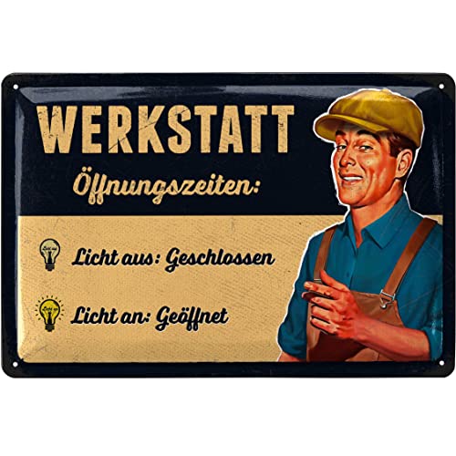 LANOLU Retro Blechschild WERKSTATT ÖFFNUNGSZEITEN SCHILD, lustige Werkstattschilder für Männer - wichtige Regeln für die Werkstatt, KFZ Mechaniker Geschenk Vatertag, Garagen Deko Metallschild 20x30cm von LANOLU