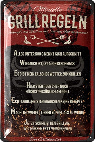 LANOLU Retro Blechschilder Grillen - GRILLREGELN SCHILD - BBQ Grill Retro Deko - Grillplatz Schild Garten - Geschenk für Papas Grillecke Schild - Schilder mit Sprüchen und Stanzung in 20x30 cm von LANOLU