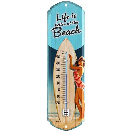 LANOLU Retro Thermometer Blechschild Life is better at the BEACH, Surf und Strand Deko Garten, Pool Schild und Pool Dekoration, Camper Geschenke, analoges Thermometer 8x28cm von LANOLU