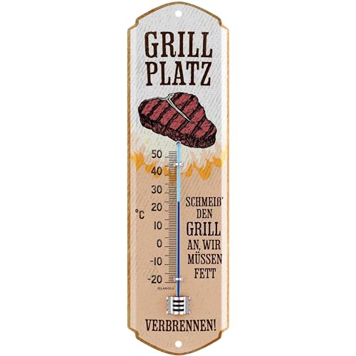 LANOLU Retro Thermometer GRILLPLATZ - GRILL Schild Garten außen - Deko Garten Vintage Schilder - Blechschild Grill Geschenke Schild aus Metall, analoges Thermometer 8x28cm von LANOLU