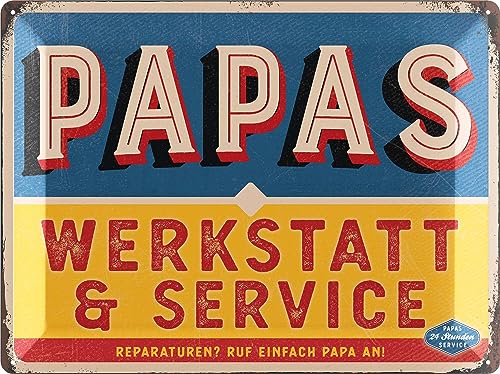 LANOLU XXL Retro Blechschild PAPAS WERKSTATT - Schild Papas Service - Geburtstagsgeschenk oder Vatertagsgeschenk Schild für Vater - lustige retro Deko mit Spruch - vintage Metallschild 30x40cm von LANOLU