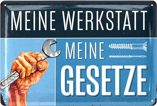LANOLU retro Blechschild WERKSTATT REGELN - Deko Werkstatt Papa, Vatertagsgeschenk Blechschild, Werkstattschilder Papa - Metallschilder mit Sprüchen, 20x30 cm LANOLU retro Blechschild WERKSTATT REGELN - Deko Werkstatt Papa, Vatertagsgeschenk Blechschild, Werkstattschilder Papa - Metallschilder mit Sprüchen, 20x30 cm von LANOLU