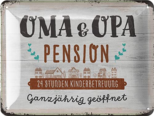 LANOLU Retro Blechschild OMA UND OPA PENSION - lustiges Türschild als Geschenk - Metallschild mit Sprüchen - für Großeltern die Ihre Enkelkinder lieben - in Holzschild Optik, 15x20 cm LANOLU Retro Blechschild OMA UND OPA PENSION - lustiges Türschild als Geschenk - Metallschild mit Sprüchen - für Großeltern die Ihre Enkelkinder lieben - in Holzschild Optik, 15x20 cm von LANOLU
