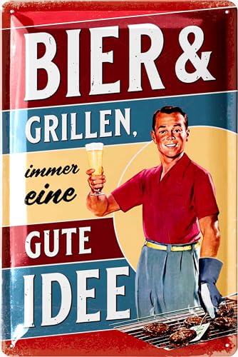 LANOLU Retro Blechschilder Grillen - BIER UND GRILLEN IMMER EINE GUTE IDEE - BBQ Grill Retro Deko - Grillplatz Schild Garten - Papas Grillecke Schild - Schilder mit Sprüchen, 20x30 cm von LANOLU