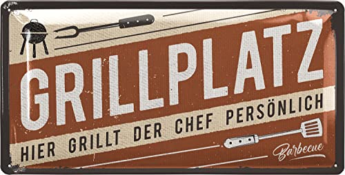 LANOLU Retro Blechschilder Grillen - GRILLPLATZ - BBQ Grill Retro Deko - Grillplatz Schild Garten - Geschenk für Papas Grillecke Schild - Chill Lounge Schilder, 17x34 cm von LANOLU