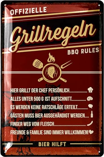 LANOLU Retro Blechschilder - GRILLREGELN SCHILD - BBQ Grill Deko - Grillplatz Garten - Geschenk für Papas Grillecke - Schilder mit Sprüchen in 20x30 cm von LANOLU