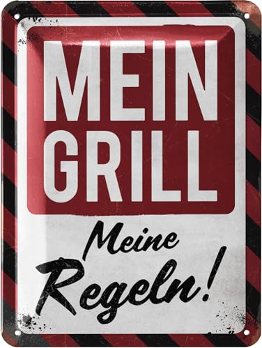 LANOLU Retro Blechschilder Grillen - MEIN GRILL MEINE REGELN - BBQ Grill Retro Deko - Grillplatz Schild Garten - Geschenk für Papas Grillecke Schild - Schilder mit Sprüchen, 15x20 cm von LANOLU