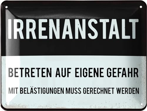 LANOLU Retro Blechschilder Sprüche lustig - IRRENANSTALT Schild für Tür, Flur und Küche - vintage Metallschild Irrenhaus als Geschenk Büro Deko und Werkstatt Schild - aus Metall, 15x20cm von LANOLU