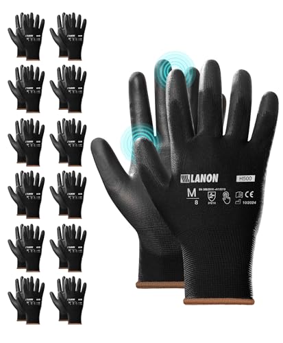 LANON 12 Paar PU Professionelle Arbeitshandschuhe, Mehrzweck Arbeitshandschuhe für Herren, Nahtlos Gestrickt, Schwarz, XL/10 LANON 12 Paar PU Professionelle Arbeitshandschuhe, Mehrzweck Arbeitshandschuhe für Herren, Nahtlos Gestrickt, Schwarz, XL/10 von LANON Protection