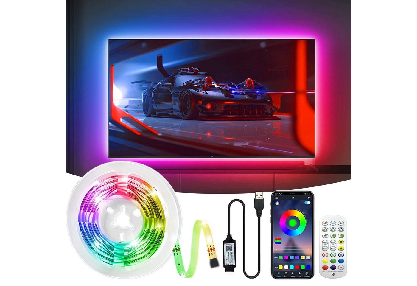 LANOR LED-Streifen TV-Hintergrundbeleuchtung, LED-Licht, Bluetooth APP, Mit Fernbedienung, Sound/Musik-Modus, IP65 tropfwassergeschützt, 3M wasserdicht von LANOR