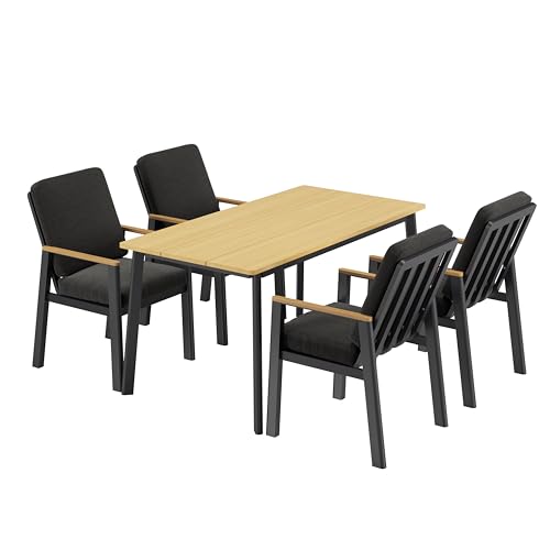 LANOX Gartenmöbel Set 4 stühle mit Tisch (5-TLG., 4 Sessel, 1 Esstisch), Aluminum Sitzgarnitur mit WPC-Tischplatte, Wetterfest Gartenlounge Set, Schwarz von LANOX