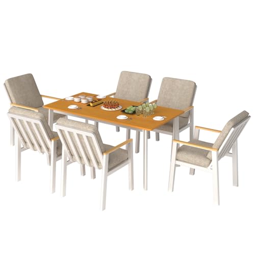 LANOX Gartenmöbel Set 6 stühle mit Tisch (7-TLG., 6 Sessel, 1 Esstisch), Aluminum Sitzgarnitur mit WPC-Tischplatte, Wetterfest Gartenlounge Set, Beige von LANOX