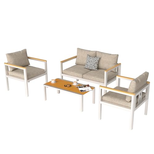 LANOX Gartenmöbel Set Aluminium 4-TLG. mit waschbaren Kissen (2-Sitzer Gartensofa + Gartenstuhl + Tisch) - Wetterfest für Garten, Terrasse, Beige von LANOX