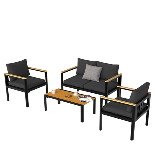 LANOX Gartenmöbel Set Aluminium 4-TLG. mit waschbaren Kissen (2-Sitzer Gartensofa + Gartenstuhl + Tisch) - Wetterfest für Garten, Terrasse, Schwarz von LANOX