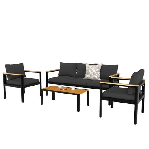 LANOX Gartenmöbel Set Aluminium 4-TLG. mit Waschbaren Kissen (3-Sitzer Gartensofa + Gartenstuhl + Tisch) - Wetterfest Gartenlounge für Garten, Terrasse, Schwarz von LANOX