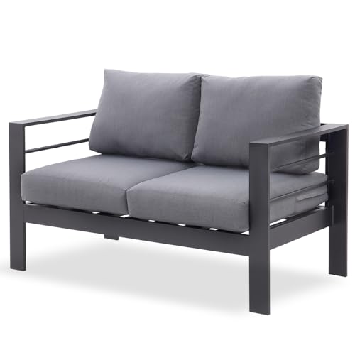 LANOX Gartensofa Gartenmöbel Set 2 Sitzer aus Aluminum,128×65×66 cm, inkl. Sitz- und Rückenkissen, Wetterfest Gartensofa für Balkon Terrasse Garten, Grau von LANOX