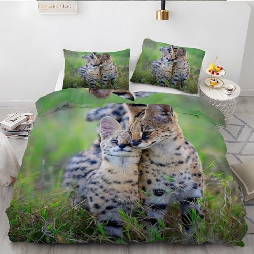 LANSHAN Bettwäsche 140x200 Serval Katze Bettwaesche GrüNes Gras Weich Atmungsaktiv Mikrofaser Bettwäsche Set mit Reißverschluss 1 Bettbezüge und 2 Kissenbezüge 80x80 cm von LANSHAN