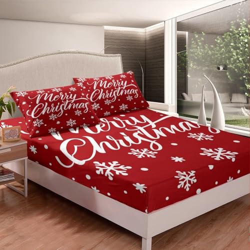 Spannbettlaken 160x200cm Rote Schneeflocke Spannbetttuch Weihnachten Bettlaken Boxspringbett mit Gummizug Spannbettuch Mikrofaser für Matratzen von 30 cm Mit 2 Kissenbezüge 80x80 cm von LANSHAN