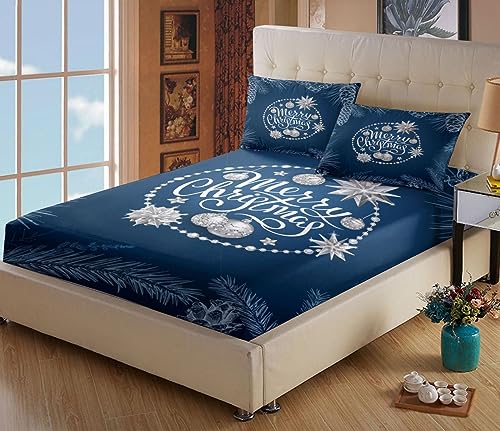 Spannbettlaken 90x200cm Navy Blau Spannbetttuch Weihnachten Bettlaken Boxspringbett mit Gummizug Spannbettuch Mikrofaser für Matratzen von 30 cm Mit 2 Kissenbezüge 80x80 cm von LANSHAN