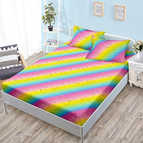 Spannbettlaken 90x200cm Stern Spannbetttuch Regenbogen Bettlaken Boxspringbett mit Gummizug Spannbettuch Mikrofaser für Matratzen von 30 cm Mit 2 Kissenbezüge 80x80 cm von LANSHAN