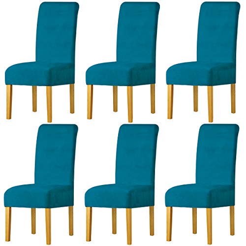 LANSHENG Stretchy Stuhlbezüge für Esszimmerstühle, Stretch Spandex mit Gummiband Stuhlbezug,Velvet Large Dining Chair Schonbezüge für Restaurant Hotel Party Bankett (Pfauenblau,6 Pack(M)) von LANSHENG