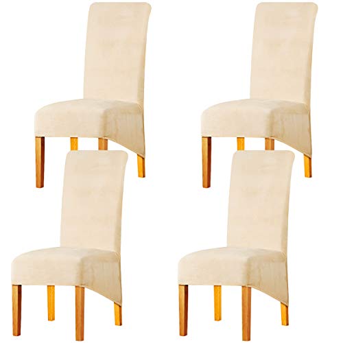 LANSHENG Stuhlhussen, Elastische Abnehmbare Waschbar Stuhlbezüge aus Samt, Stretch Stuhlhussen Hochlehner für Esszimmerstühle, Küche, Restaurant (4er Set, Beige) von LANSHENG