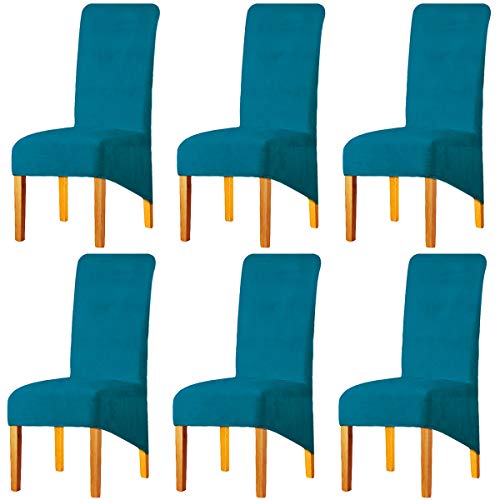 LANSHENG Stretchy XL Stuhlbezüge für Esszimmerstühle, Stretch Spandex mit Gummiband Stuhlbezug,Velvet Large Dining Chair Schonbezüge für Restaurant Hotel Party Bankett (Pfauenblau,6er Set (Groß)) von LANSHENG