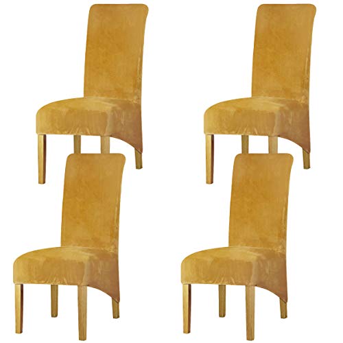 LANSHENG Stretchy XL Stuhlbezüge für Esszimmerstühle, Stretch Spandex mit Gummiband Stuhlbezug,Velvet Large Dining Chair Schonbezüge für Restaurant Hotel Party Bankett (Senf,4er Set (Groß)) von LANSHENG