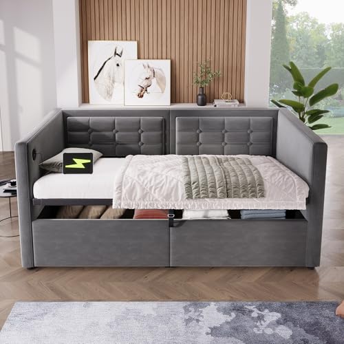 LANTRO JS 90x190cm Schlafsofa mit Hydraulischem Stauraum, USB und Type C Ladestation, Ecksofa mit Schlaffunktion, Einzelbett aus Samt, Grau, Ohne Matratze LANTRO JS 90x190cm Schlafsofa mit Hydraulischem Stauraum, USB und Type C Ladestation, Ecksofa mit Schlaffunktion, Einzelbett aus Samt, Grau, Ohne Matratze von LANTRO JS