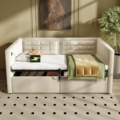 LANTRO JS 90x200cm Schlafsofa mit Hydraulischem Stauraum, USB und Type C Ladestation, Ecksofa mit Schlaffunktion, Einzelbett aus Samt, Beige, Ohne Matratze LANTRO JS 90x200cm Schlafsofa mit Hydraulischem Stauraum, USB und Type C Ladestation, Ecksofa mit Schlaffunktion, Einzelbett aus Samt, Beige, Ohne Matratze von LANTRO JS