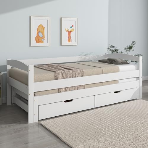 LANTRO JS Ausziehbett, Tagesbett mit 2 MDF-Schubladen, Rollen unten, Umwandelbares Schlafsofa für Wohnzimmer, Schlafzimmer, Weiß von LANTRO JS