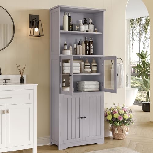 LANTRO JS Badezimmer Schränke, Badezimmer Hochschrank mit Stauraum, Volllackierung, Holz Schrank mit Glasschranktür, Zwei Abnehmbare Ablage, Grau LANTRO JS Badezimmer Schränke, Badezimmer Hochschrank mit Stauraum, Volllackierung, Holz Schrank mit Glasschranktür, Zwei Abnehmbare Ablage, Grau von LANTRO JS