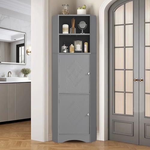 LANTRO JS Badezimmerschränke Wasserdicht und Feuchtigkeitsresistent, Badschrank Schmal, Offenes Fach mit Verstellbarem Einlegeboden, Hochschrank Badezimmer mit Zwei Ablagefächern,Grau von LANTRO JS