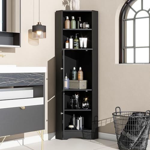 LANTRO JS Badezimmerschränke Wasserdicht und Feuchtigkeitsresistent, Badschrank Schmal, Offenes Fach mit Verstellbarem Einlegeboden, Hochschrank Badezimmer mit Zwei Ablagefächern,Schwarz von LANTRO JS