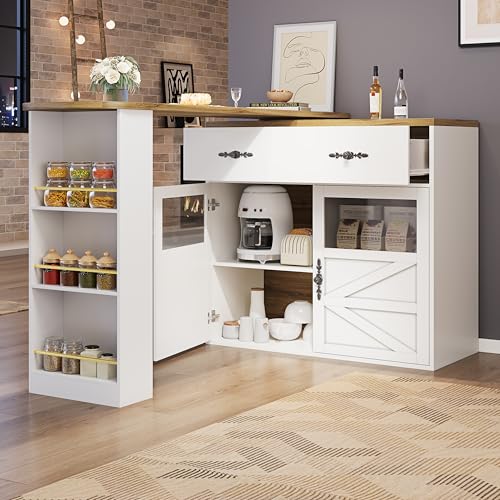LANTRO JS Bartisch Küche, Drehfunktion, Klapptisch Kücheninsel, Barschrank, Acryl Türen, Aluminium Griffen, Intelligente Stauräume, 138-204×39×104cm,Weiß von LANTRO JS