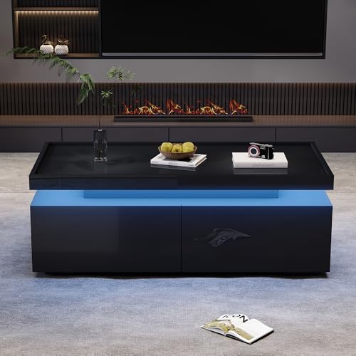 LANTRO JS Beistelltisch, Couchtisch mit Stauraum, Wohnzimmertisch mit 2 Schubladen, Hochglanztextur, Geometrischem Design, Kaffeetisch, 95x45x35cm, Schwarz von LANTRO JS