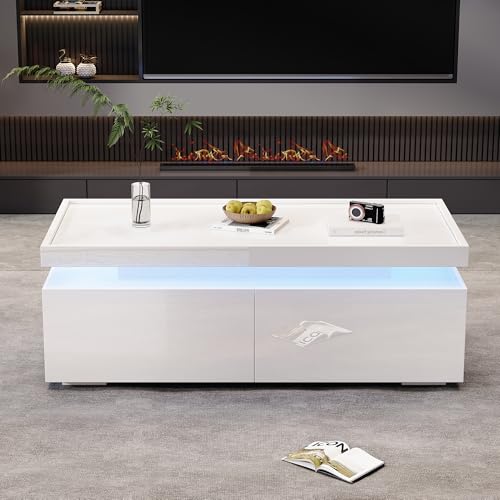 LANTRO JS Beistelltisch, Couchtisch mit Stauraum, Wohnzimmertisch mit 2 Schubladen, Hochglanztextur, Geometrischem Design, Kaffeetisch, 95x45x35cm, Weiß von LANTRO JS