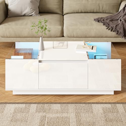 LANTRO JS Beistelltische fürs Wohnzimmer, Wohnzimmertisch mit LED Beleuchtung, Couchtisch Klein mit Glasplatte und 2 Schubladen, 100x50x35cm, Weiß LANTRO JS Beistelltische fürs Wohnzimmer, Wohnzimmertisch mit LED Beleuchtung, Couchtisch Klein mit Glasplatte und 2 Schubladen, 100x50x35cm, Weiß von LANTRO JS