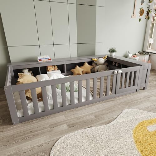 LANTRO JS Bodenbett, Montessori Bett mit Doppelseitigen Hohen Sicherheitsgeländern und Kleinen Türen mit Verschlüssen, Kinderbett mit Lattenrost, Grau LANTRO JS Bodenbett, Montessori Bett mit Doppelseitigen Hohen Sicherheitsgeländern und Kleinen Türen mit Verschlüssen, Kinderbett mit Lattenrost, Grau von LANTRO JS