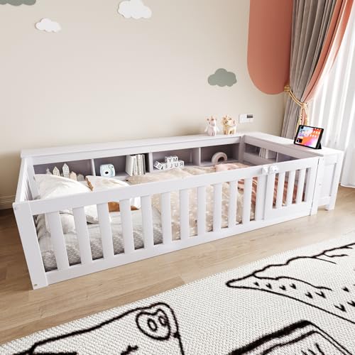 LANTRO JS Bodenbett, Montessori Bett mit Doppelseitigen Hohen Sicherheitsgeländern und Kleinen Türen mit Verschlüssen, Kinderbett mit Lattenrost, Weiß LANTRO JS Bodenbett, Montessori Bett mit Doppelseitigen Hohen Sicherheitsgeländern und Kleinen Türen mit Verschlüssen, Kinderbett mit Lattenrost, Weiß von LANTRO JS